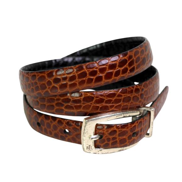 Ralph Lauren BROWN BLACK LEATHER 3/4"Wd SNAKE PRINT RVRSBL DRESS BELT Sz M (4B - Picture 2 of 16